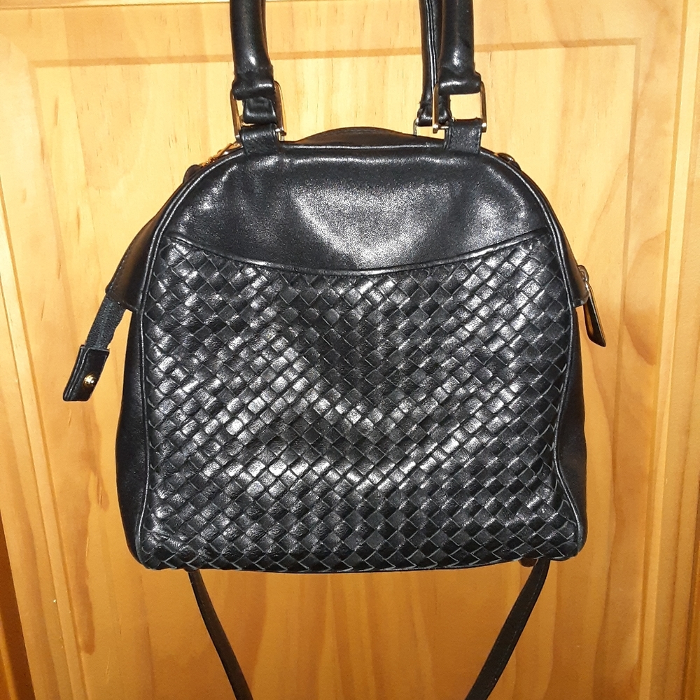 Ganson Black Leather Woven Handbag